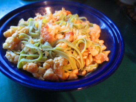 Spinach Fettuccine with Roasted Cauliflower-Almond Sauce